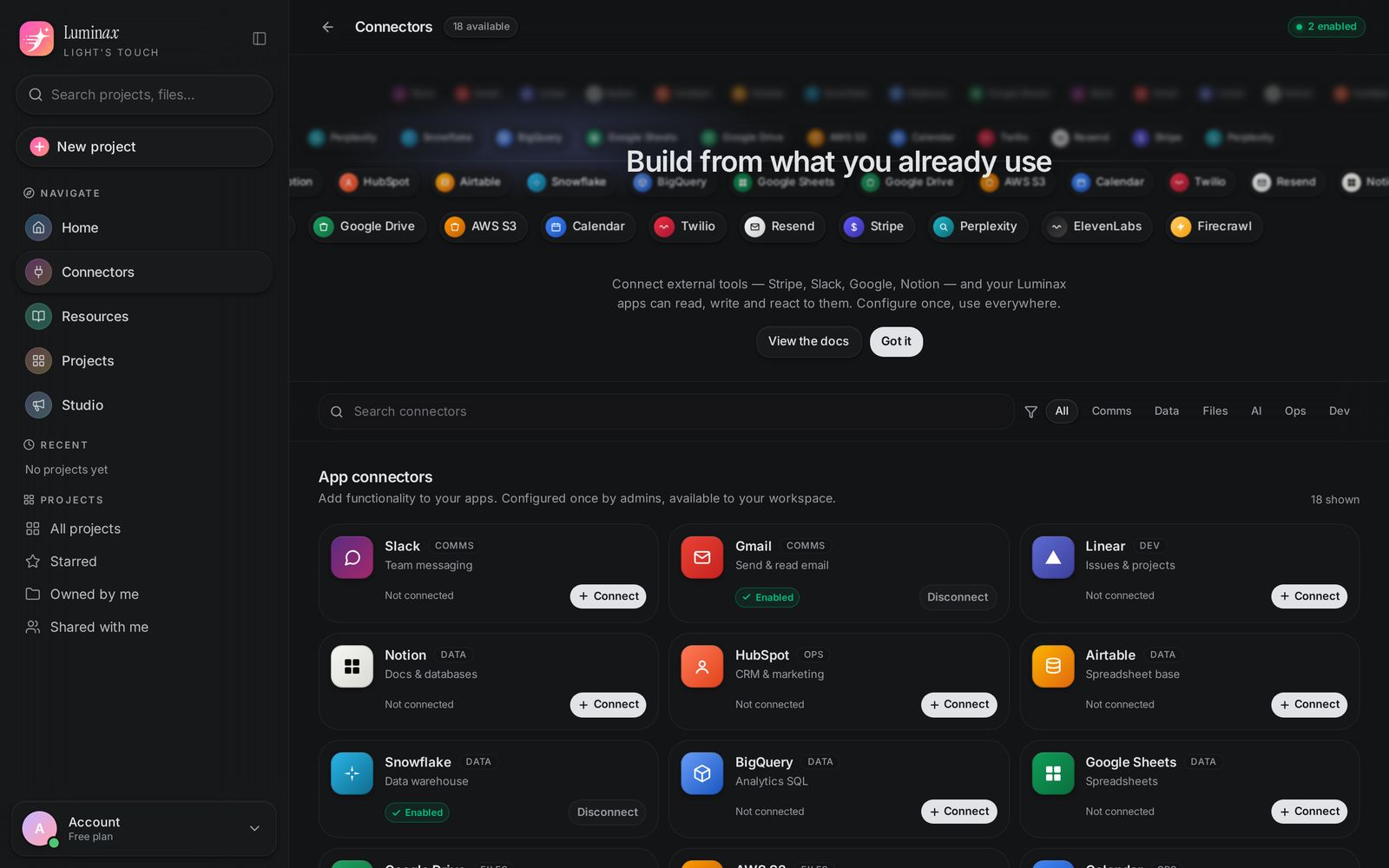 Connectors — outside services introduced to your app without you writing an integration layer.