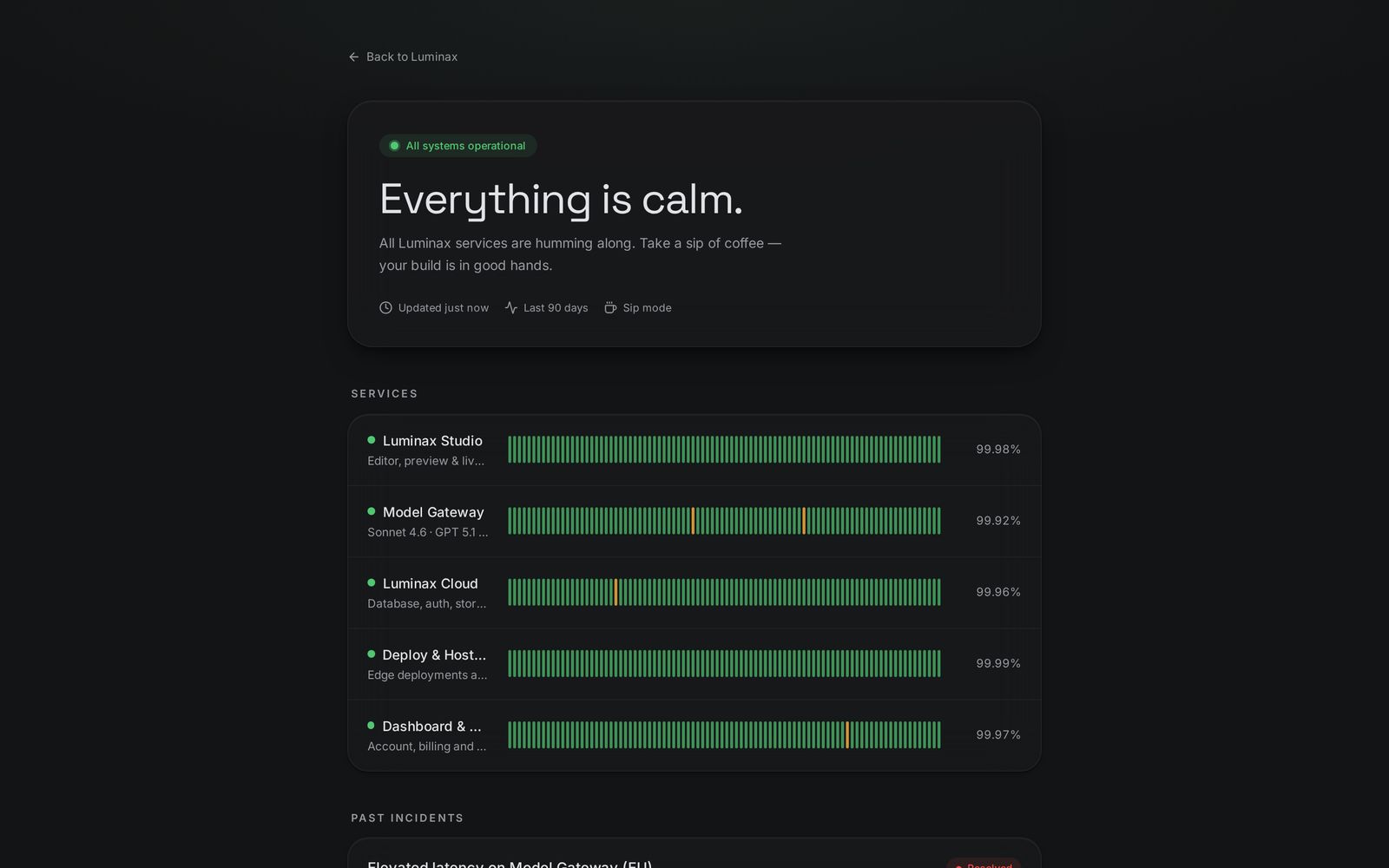 Platform status — every service that stands behind a preview, reported live.